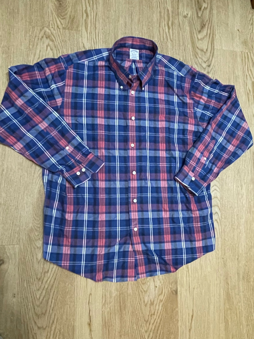 Brooks Brothers Navy and Pink Plaid Button-Down Shirt